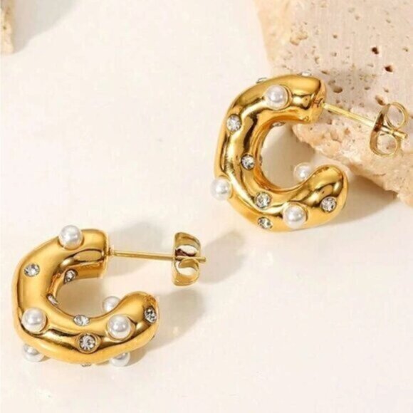 Gold Cuff Rhinestone Pearl Stainless Steel Shiny Inlaid Hoop Earrings - Picture 1 of 6